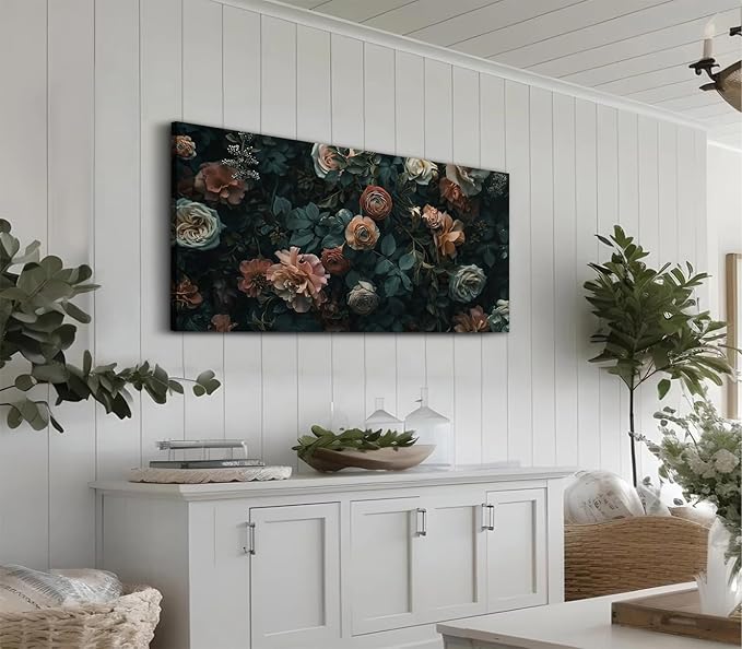 ADJUVANT Wall Art Floral 40"L x 20"W, Dark Hued Vintage Flowers With Lush Foliage Canvas Painting Elegant Blooms Artwork Retro Garden Prints Floral Wall Decor for Living Room Bedroom Study Home Office