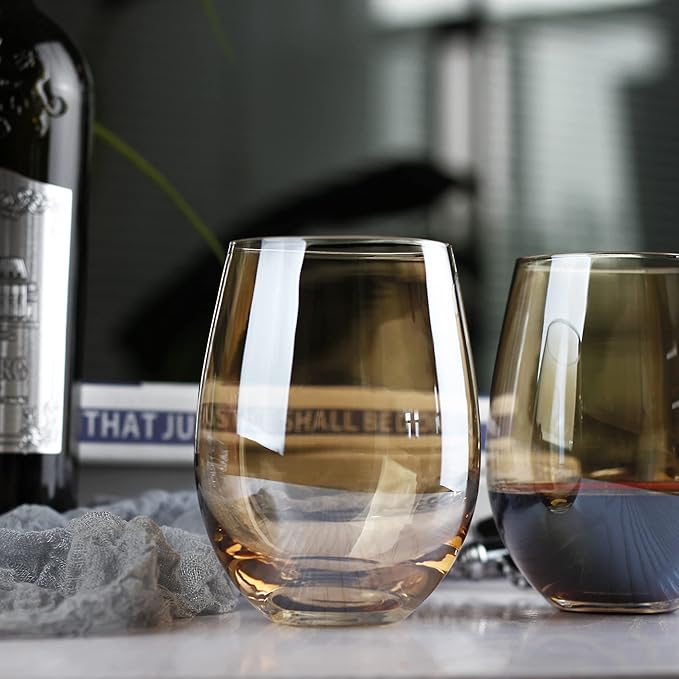 LUXU Amber Stemless Wine Glass(Set of 4)-20 Ounces,Colored Water Juice Drinking Glasses,All-Purpose Glass Wine Tumblers,No Stem Glass Beverage Cups,Perfect for Home,Bar,Restaurants and Parties