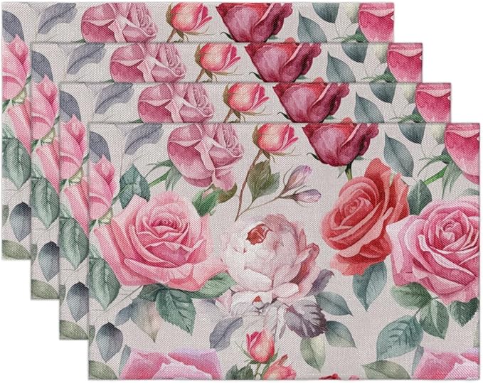 Pink Rose Placemats Set of 4, Washable Elegant Vintage Placemats, Non-Slip Table Rectangle Linen Place Mats for Kitchen Dining Party Farmhouse Home Indoor Table Decor