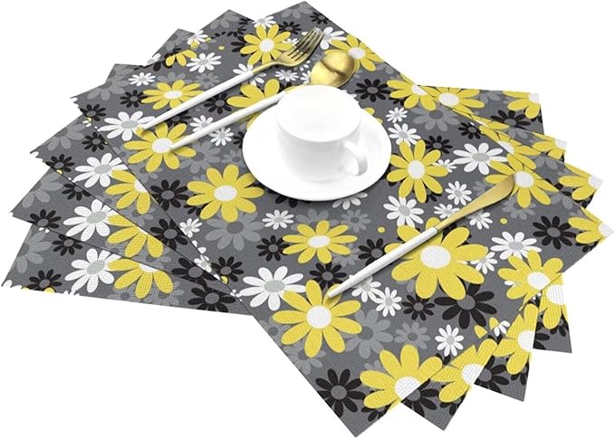 Placemats Set of 6 Vintage Daisy Place Mats Abstract White Yellow Floral Woven Table Mats Washable Black Grey PVC Placemat for Dining Kitchen Decor Indoor Outdoor, 12 x 18 Inch