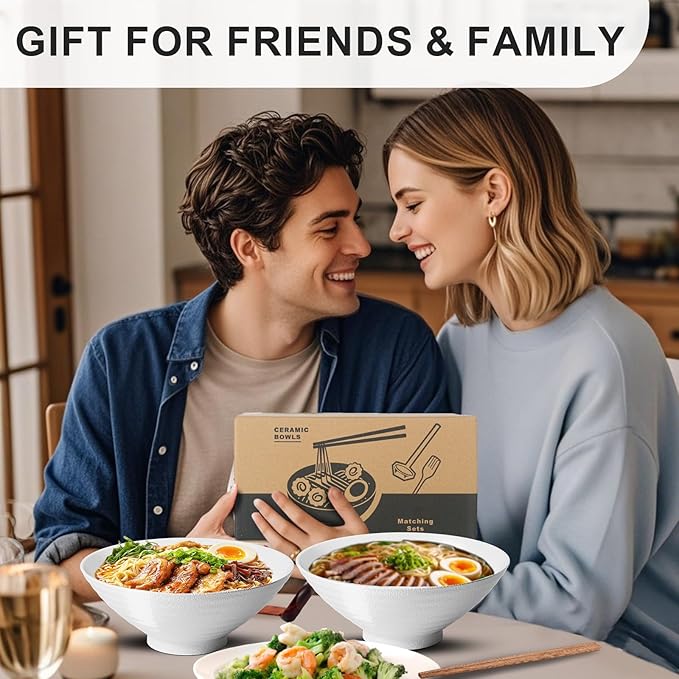 8-Inch Ceramic Ramen Bowl Set of 2 (9 Piece) - Porcelain Japanese Salad Noodles Cereal Fruit Pasta Soup Large Bowls with Recipes Chopsticks Forks Spoons for Men Women Gift Microwave & Dishwasher Safe