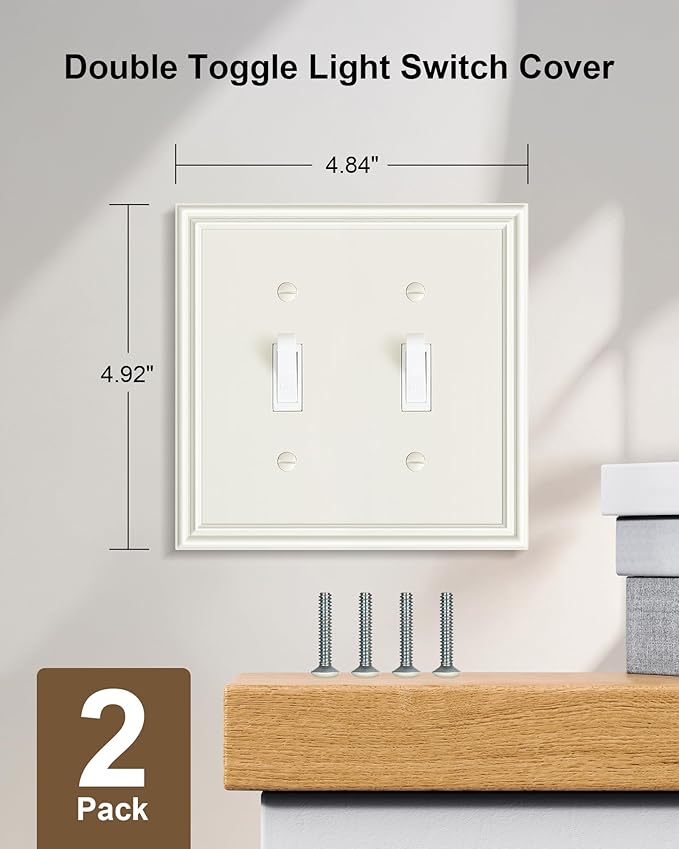 2-Pack Double Toggle Light Switch Cover Plate, Durable Solid Zinc Alloy Decorative Dual Switch Plate Covers, Light Almond 2 Gang Wall Plate, Corrosion Resistant
