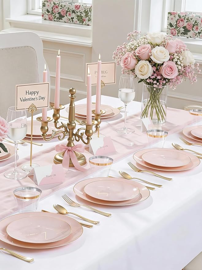 WDF 150Pcs Pink Plates Disposable - Pink and Gold Plastic Plates 25guest Disposable Dinnerware Include 25 Dinner Plate, 25 Dessert Plate, 25 Cutlery & 25 9oz Cups for Wedding, Party, Valentine's Day