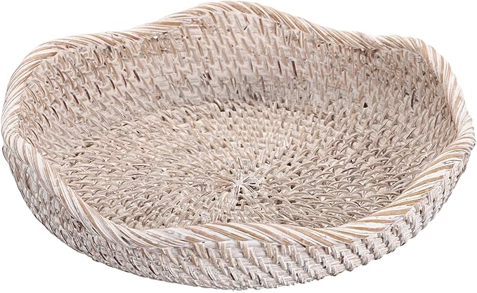 Hipiwe Decorative Key Tray Rattan Storage Bowl Food Serving Basket for Fruit Bread Candy Handwoven Basket Tray for Entryway Table Kitchen, Whitewash 8.6 Inch