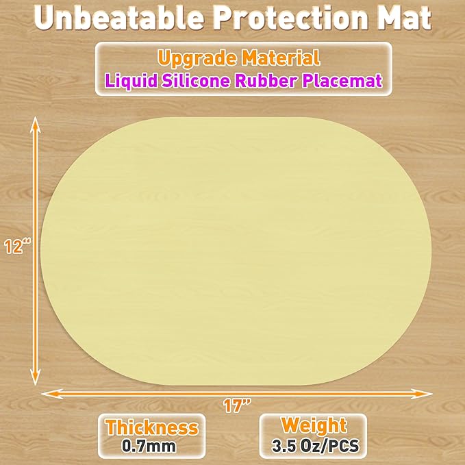Oval Silicone Placemat Set of 4,Heat Resistant Placemats, Silicone Table Mats,Non-Slip Dining Mat for Home,Waterproof Easy Clean Kids Placemats,17"x12" Ultra-Thin Translucent (4Pcs, Yellow)