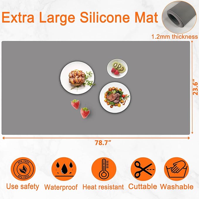 Extra Large Silicone Mat, 78.7''x23.6''(200cmx60cm) Heat Resistant Mats for Countertop, Waterproof Countertop Protector Mat, Cuttable Kitchen Countertop Mat, Silicone Mat for Kitchen Island, Dark Gray