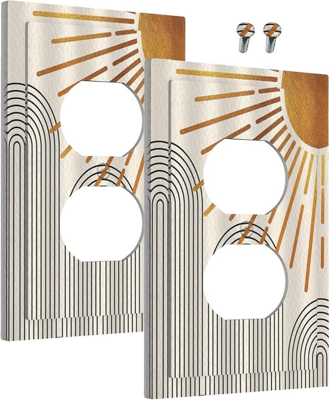 Outlet Covers Mid Century Boho Sun Beige Minimalist Abstract 1 Gang Duplex Light Switch Cover Plate Decorative Wall Plates Electrical Switchplate Receptacle for Bathroom Bedroom Decor（2 Pack）