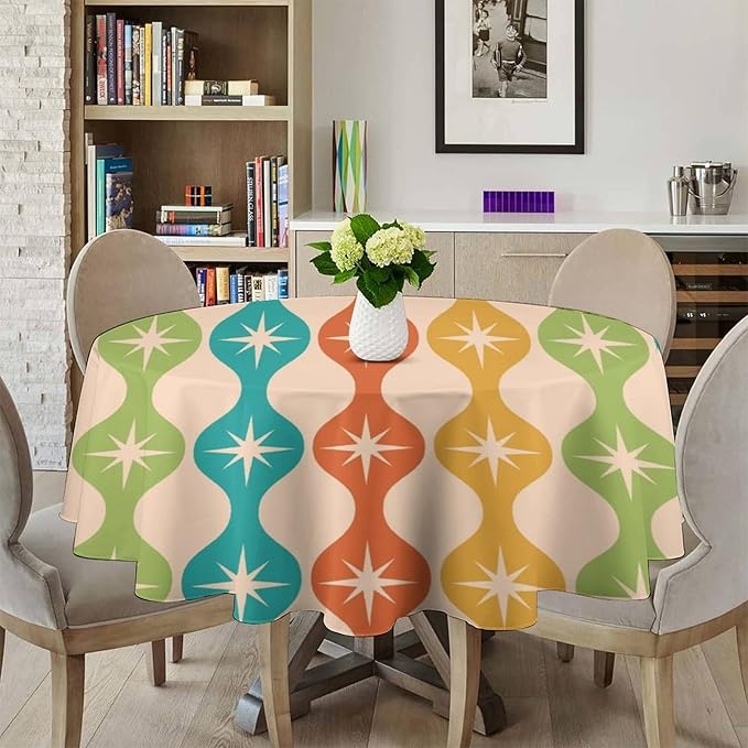 Mid Century Modern Round Tablecloth, Vintage Abstract Colorful Geometric Tablecloth for Home Party Dining Room Kitchen Decor 70Inch(178cm)