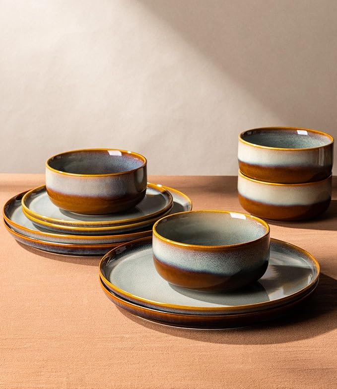 TheTerra Ceramic Dinnerware Sets for 6, 18 Pieces Handmade Reactive Glaze Plates and Bowls Set, Scratch Resistant Dish Set, Oven & Microwave & Dishwasher Safe, Dusk Blue