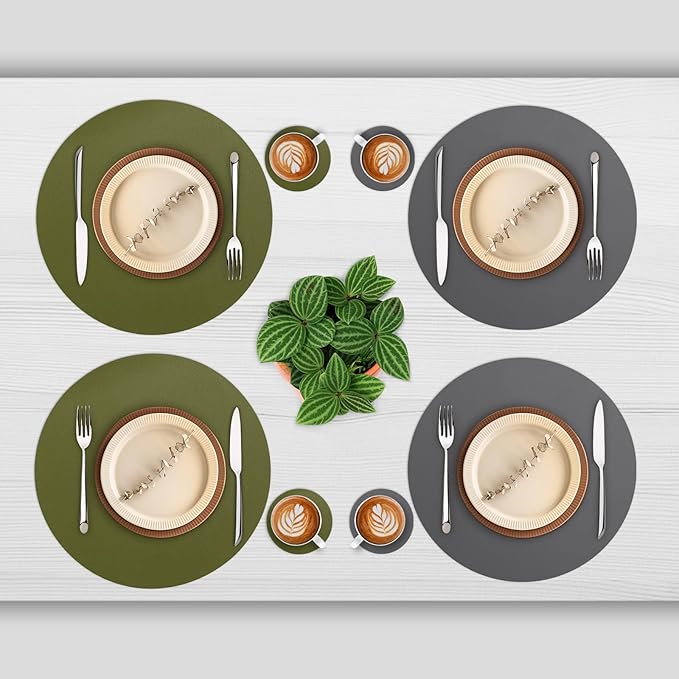 Myir JUN Round Placemats Set of 4 Faux Leather Place Mats and Coasters 15 inch Round Table Mats Dual Sided Non-Slip Stain Resistant Placemats (Gray & Green, Set of 4)