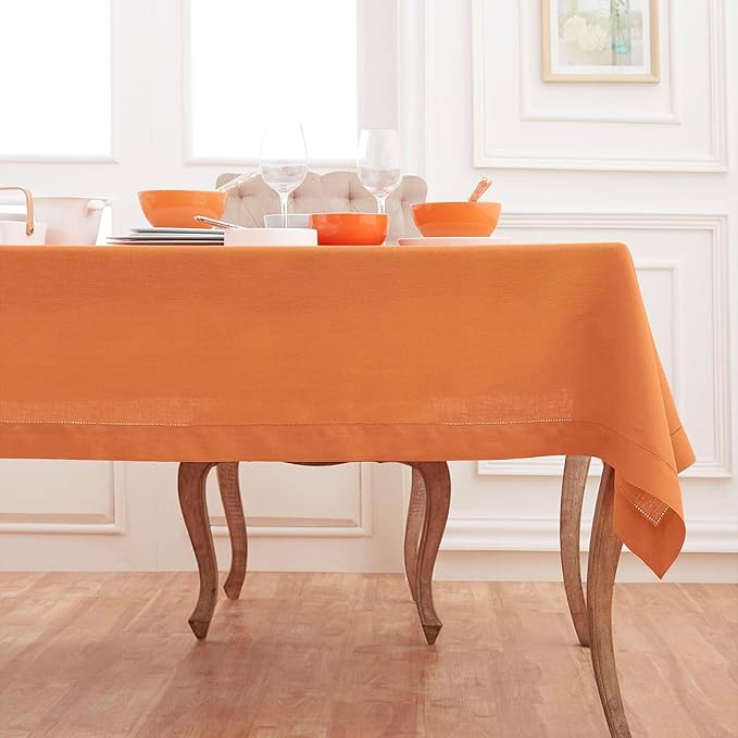 Solino Home Linen Tablecloth 60 x 90 Inch - Classic Hemstitch 100% Pure Linen Pumpkin Table Cloth for Rectangle Tables - Machine Washable Tablecloth