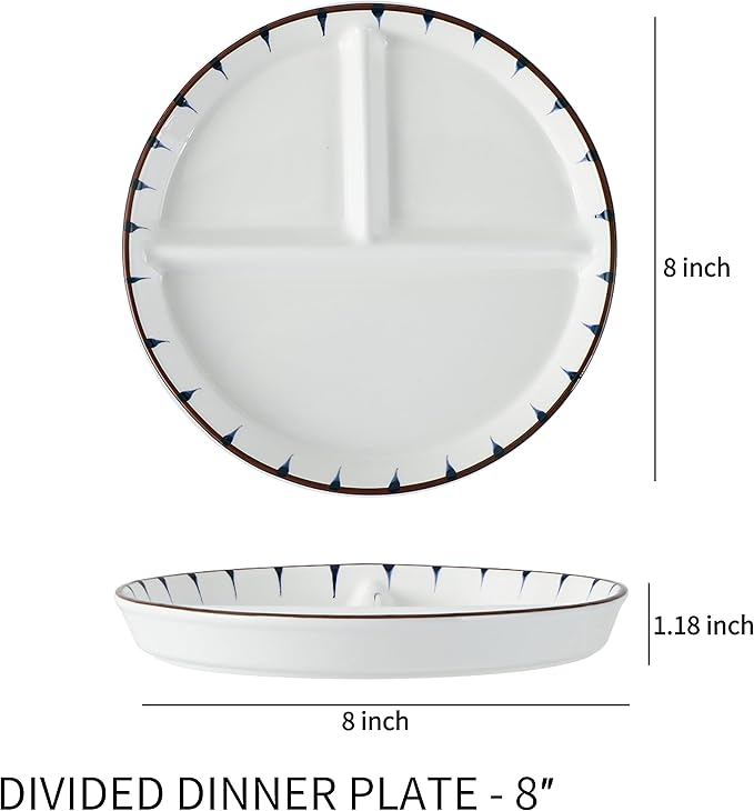 8 Inch Ceramic Portion Control Plate - 3 Compartment Divided Plates for Weight Loss & Diabetes, Microwave & Dishwasher Safe, Stackable Dinnerware Set, BPA-Free Porcelain (White, 1-Pack)