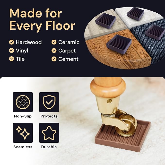 CasterMaster Non Slip Furniture Pads - 2 in x 2 in Brown 4 Pack - Chair Leg Floor Protectors & Furniture Sliders for Hardwood, Vinyl & Tile Floors - Bed Stoppers