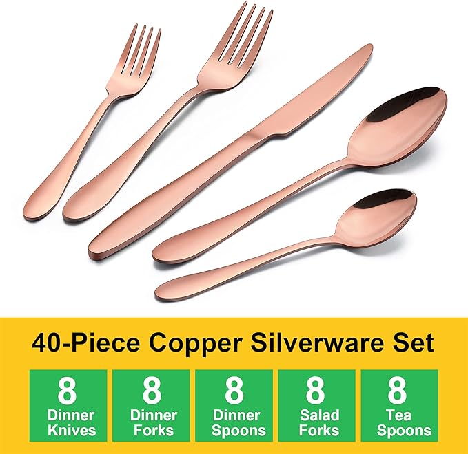 LIANYU 40-Piece Copper Silverware Set for 8, Stainless Steel Flatware Cutlery Set, Tableware Eating Utensils Include Forks Knives Spoons, Mirror Polished, Dishwasher Safe