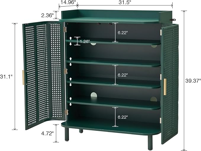ORRD Shoe Cabinet, 5 Tier Boho Wooden Shoe Storage Organizer Cabinet with Adjustable Shelves, Shoes Rack with Iron Rattan Curved Doors Accent Cabinet for Entryway Hallway Living Room, Green