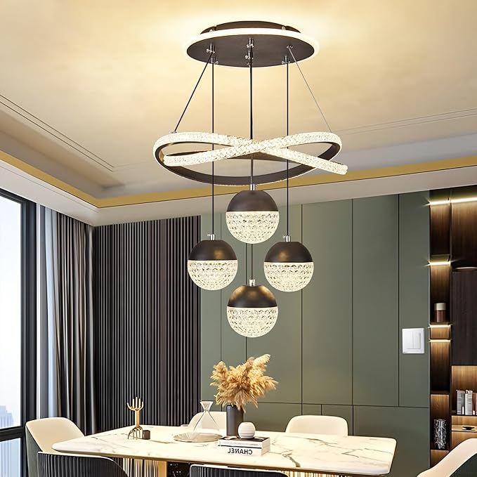 Modern LED Chandeliers, Dimmable 3-Color Kitchen Island Pendant Light for Dining Room, Bedroom, Living Room, Contemporary Hanging Ceiling Light, Linear Island Lamp ﻿