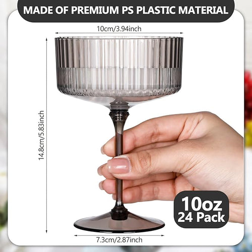 24 Pcs Ribbed Martini Glasses 10 oz Disposable Plastic Vintage Ribbed Coupe Glasses Unbreakable Dessert Parfait Glassware for Wedding Birthday Party Supplies (Black)
