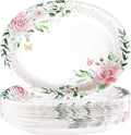 50Pcs Spring Floral Oval Paper Plates 10"x12" Large Disposable Watercolor Eucalyptus Leaf Dinner Platters Heavy Duty Sage Greenery Pink Flower Plates for Summer Baby Shower Bridal Shower Wedding Decor
