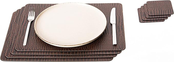 Nikalaz Set of 4 Placemats and 4 Coasters Made of Recycled Leather (18''x13'', Crocodile Embossing)