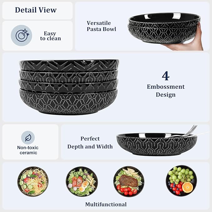 Sureasy 9.7" Pasta Bowls Set of 4-42 oz Large Salad Bowls for Kitchen, Embossed Ceramic Serving Bowls for Fruits, Soup, Pasta and Salad, Microwave & Dishwasher Safe, Black