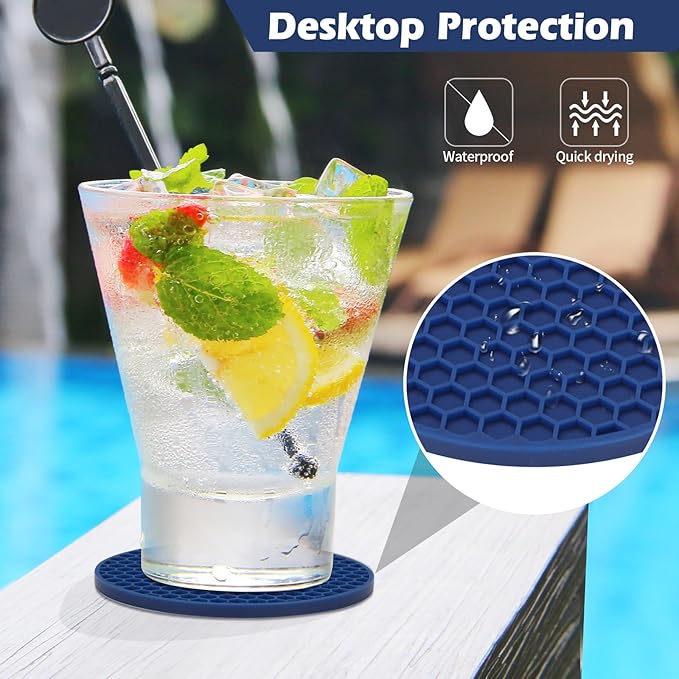 Coasters Set of 6 with Holder,Coasters for Drinks,Coffee Table Decor Coaster,Suitable for Kinds Cups,Anti-Slip,Non-Stick,Silicone Cup Coaster and Living Room Decor (6 Pcs, Navy Blue)