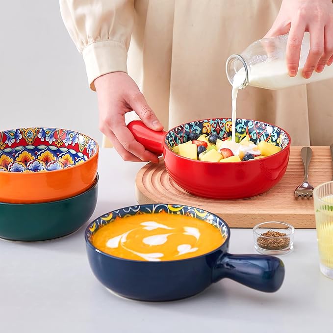 vancasso Soup Bowls with Handles, 23 Oz French Onion Soup Bowls Oven Safe, Bohemian Ceramic Soup Crocks for Cereal, Pasta, Beef Stew, Chilli, Microwave Dishwasher Safe-6.2 inch, Set of 4