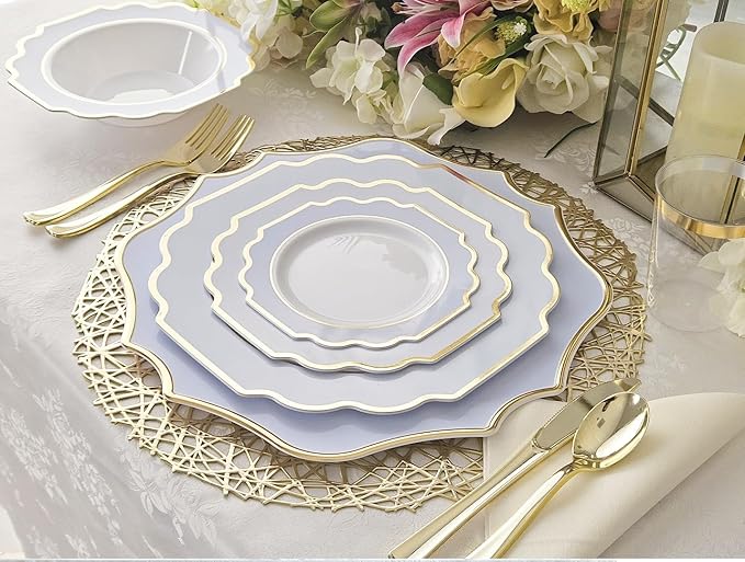 " OCCASIONS " 80 Plates Pack,(40 Guests) Heavyweight Wedding Party Disposable Plastic Plates Set -40 x 10.5'' Dinner + 40 x 8'' Salad/Dessert Plate (Imperial in White/Blue & Gold)