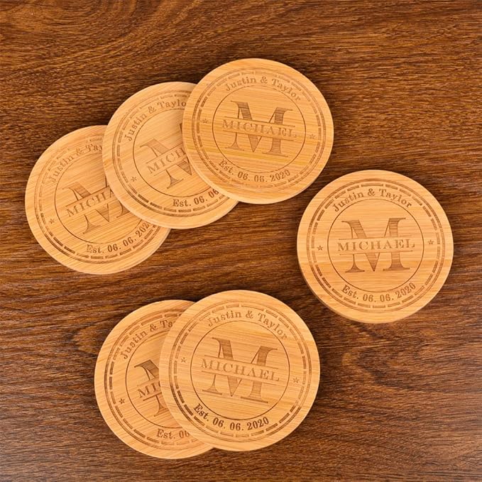 Personalized Bamboo Coasters, Custom Engraved Monogram Coasters with Holder, Great Gifts for Relatives, Friends or Yourself (Set of 6)