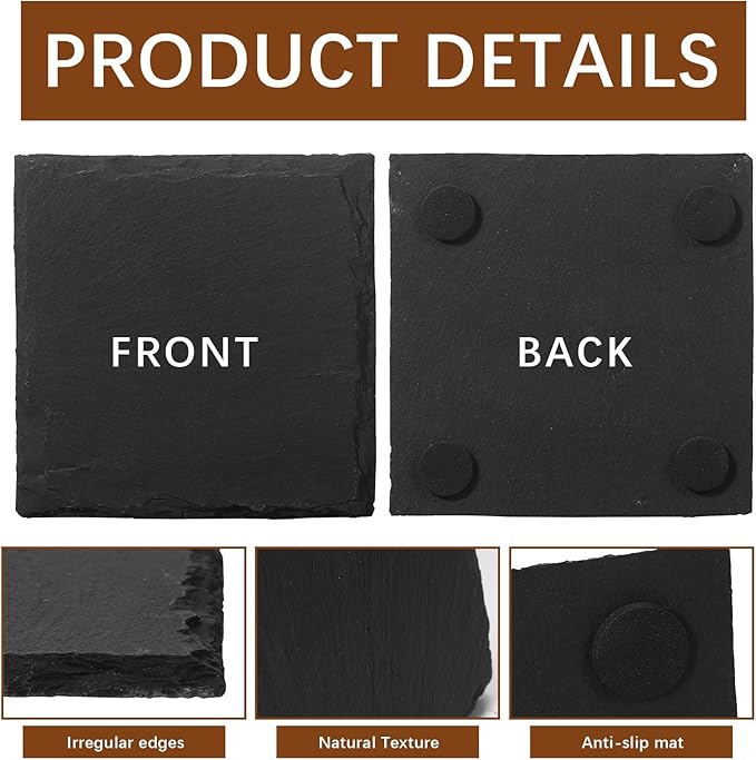 12 PCS Slate Coasters Black Square 4 Inch Bulk Rock, Blank Laser Engraving, Scratch Resistant Bottom, Home Office Kitchen Gift Wedding Bar Party Square Coasters