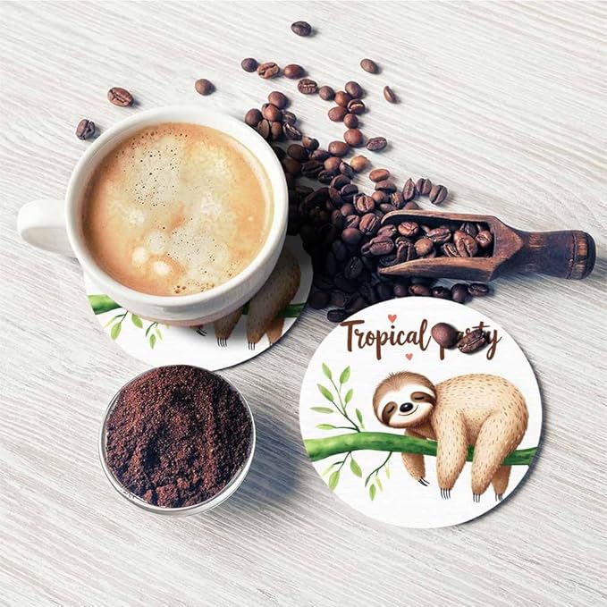 Sleeping Sloth Round Coaster for Home Coffee Table Cute Tropical Animal Smile Sleep Relax Nature Branch Botanical Farmhouse Drink Coasters 100% Diatomite 4''X 4''X 0.35'' Printed Pattern
