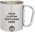 Custom Stainless Steel Mugs with Carabiner Handle 10 oz. Set of 50, Personalized Bulk Pack - Perfect for Coffee, Soda, Other Hot & Cold Beverages - Silver