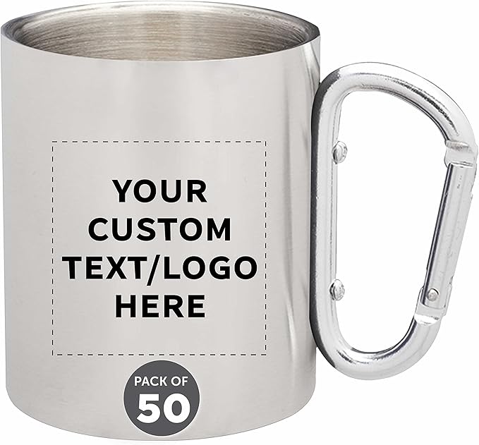 Custom Stainless Steel Mugs with Carabiner Handle 10 oz. Set of 50, Personalized Bulk Pack - Perfect for Coffee, Soda, Other Hot & Cold Beverages - Silver