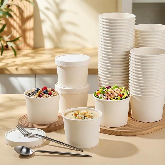 Fulmoon 100 Pack Paper Soup Containers with Lids Disposable Paper Food Containers with Vented Lid Kraft Ice Cream Cake Dessert Cups Soup Bowl for Party Hot Food Fruit Microwave(20 oz,White)