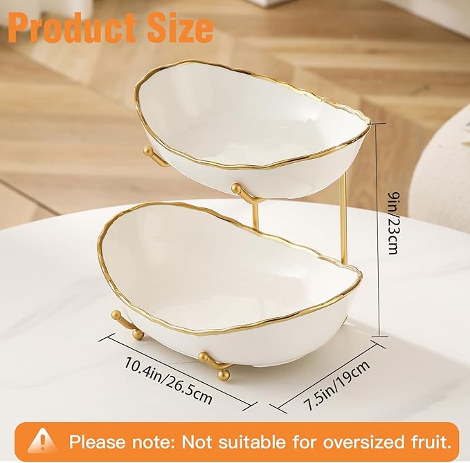 2 Tier Ceramic Fruit Bowl for Kitchen Counter, Tiered Fruit Basket for Countertop, Modern Multi Layer Fruit Display Stand for Party, Cute (Gold-rimmed, Small)