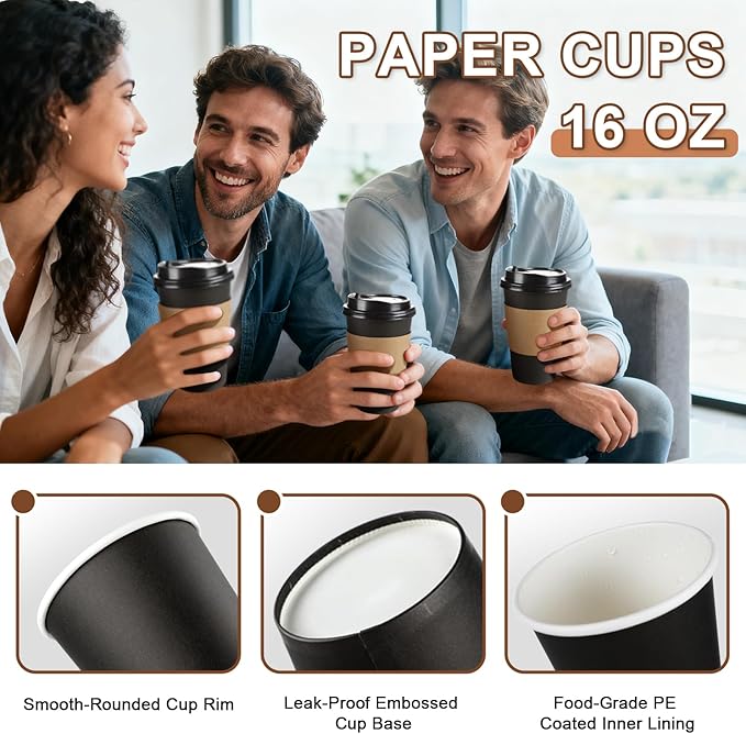 120 Pack 16 oz Paper Coffee Cups Set, Disposable Black Coffee Cups with Lids, Sleeves and Stirring Sticks, Fit For Cold and Hot Drinks