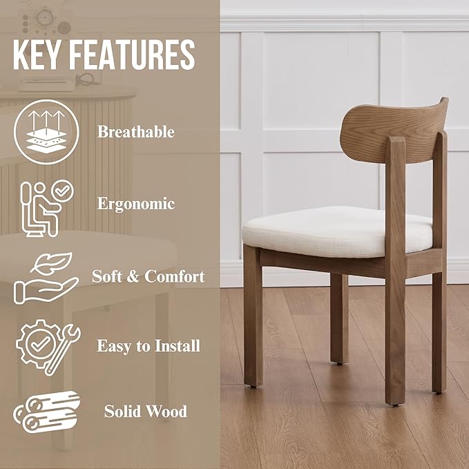 Beige Dining Chairs Set of 2, Mid Century Modern Linen Dining Room Chairs with Curved Back, Armless Kitchen Chairs for Living Room/Restaurant/Balcony/Bedroom/Home Desk/Task