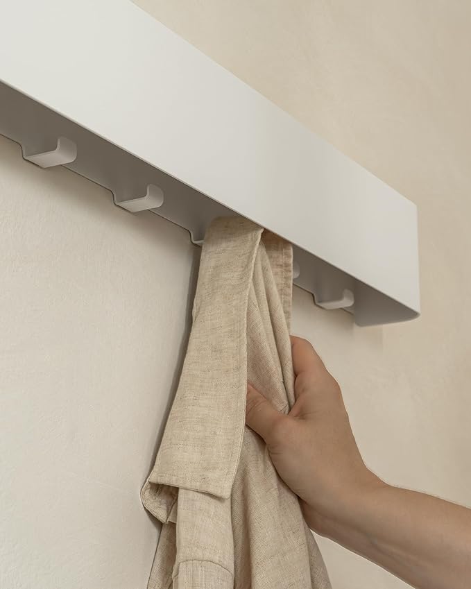 Kazai.® Coat Rack Wall Mount with Shelf 'Tone' | Modern Design Coat Hanger with Hidden Hooks and Storage | Hat Rack with Shelf in Metal | Wall-Mounted Purse Organizer | White