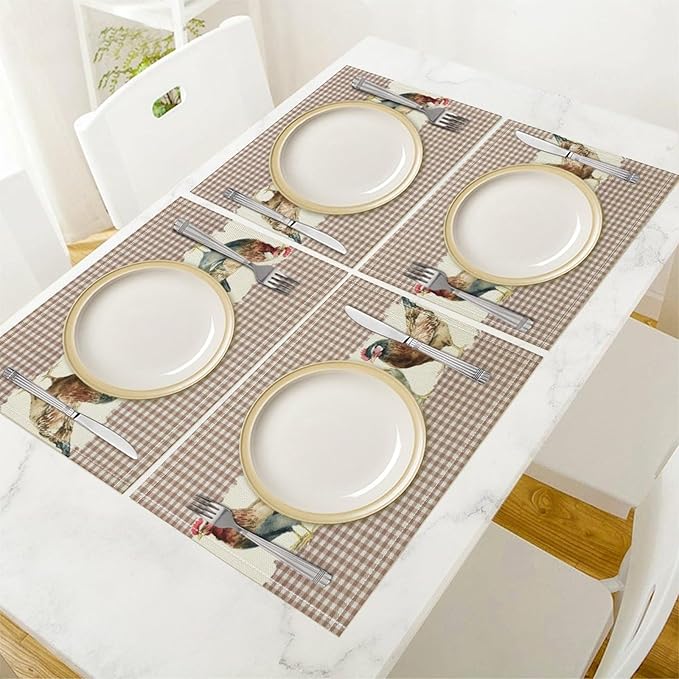 Rustic Rooster Placemat Set, Vintage Boho Farmhouse Colorful Watertcolor Chicken Pink Plaid Pattern Home Decor Table Mats for Dining Room Kitchen Party (17x12in) x4P