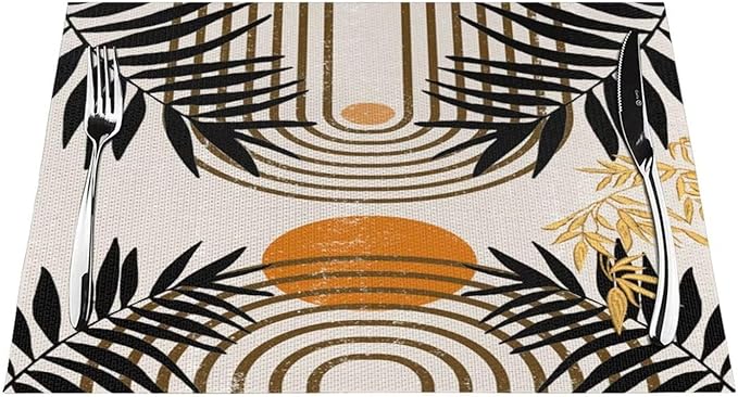 Vintage Mid Century Boho Placemats for Abstract Sun Bamboo Aesthetic Arch Curve Leaves Geometric Washable Place Mats 12x18Inch for Dining Kitchen Farmhouse Decor 4 PCS