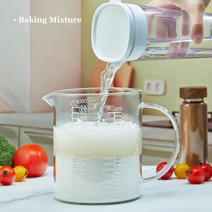 Borosilicate Glass Measuring Cup with Insulated Handle, V-Shaped Spout, Clear, 2000ml/64oz Capacity, Etched Graduation, Easy to Read