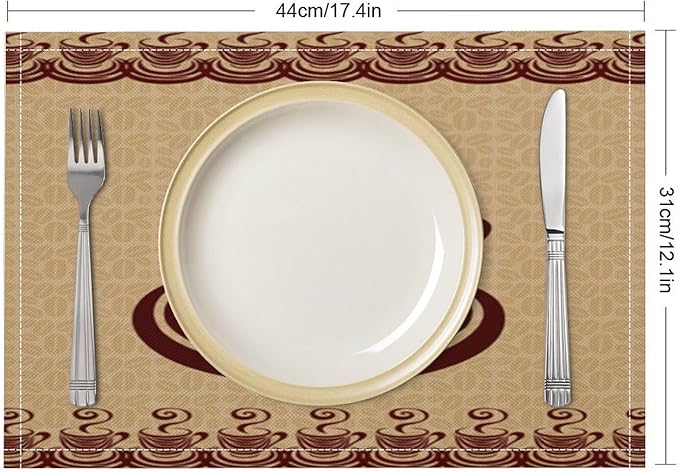 Vintage Coffee Theme Placemat Set, Minimal Rustic Farmhouse Brown Beige Geometric Coffee Cup Beans Seamless Pattern Home Decor Linen Table Mats for Dining Room Kitchen Party (17x12in) x6P