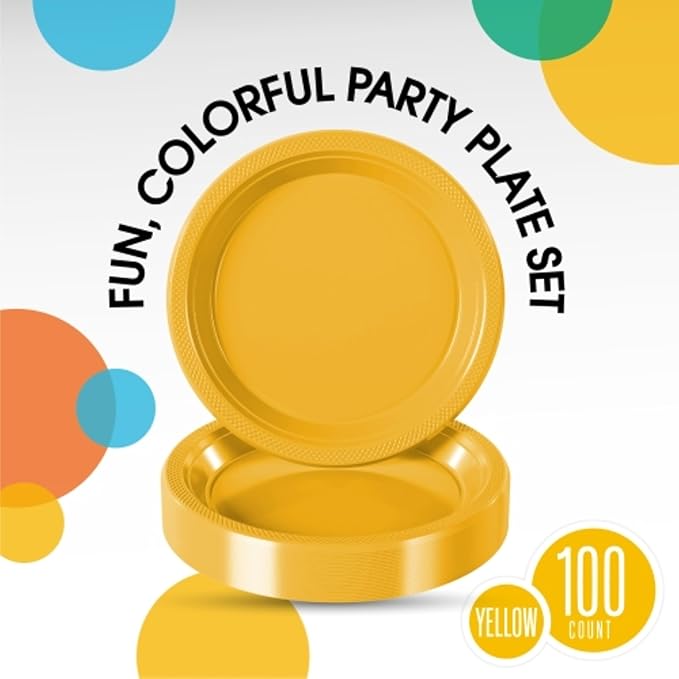 Yellow Plastic Plates For Party 9" Yellow Disposable Plates Heavy Duty 100 Pcs Plastic Dinnerware Sets Heavy Duty 350 GSM Disposable Dinnerware Set