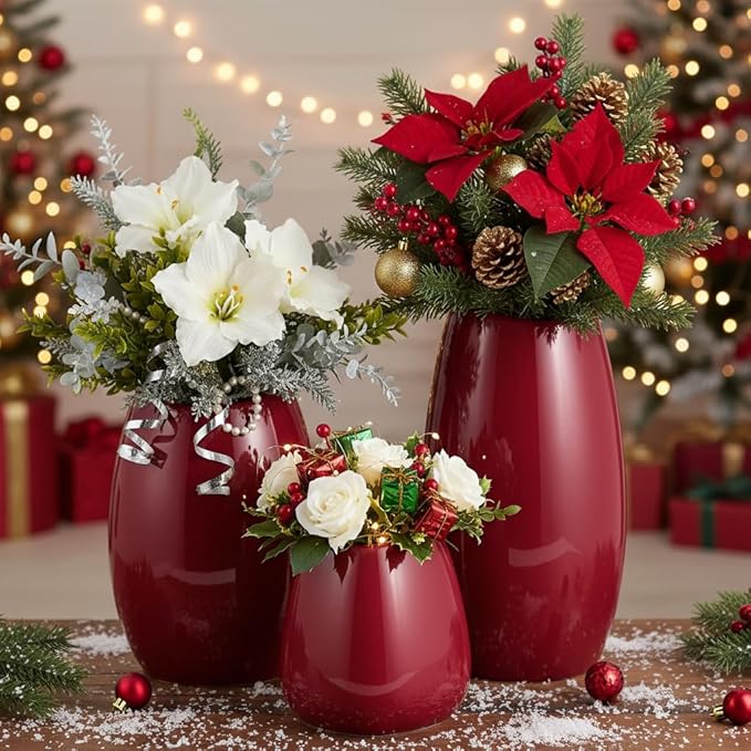 hjn Ceramic Vase Set of 3 Red Flower Vase for Home Decor, Modern Decorative Vase for Flowers Vases for Your Ideal Shelf Decor/Table/Living Room/Kitchen/Office-Red…