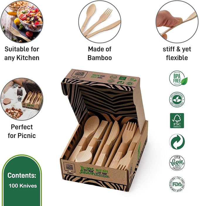 2ZEBRAZ Bamboo Cutlery Set – 100 Disposable Knives | Reusable Smooth Flatware, Heavy-Duty Natural Utensils for Dining and Entertaining