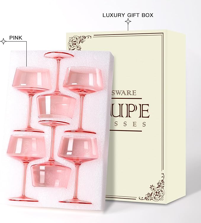 Pink Coupe Glasses Set of 6-13 oz Large Capacity Martini Glassware - Versatile Tall Cocktail Glasses- Hand-Blown Colored Champagne Coupe Glass-Art Deco Cocktail Glasses Set-Wedding Gifts