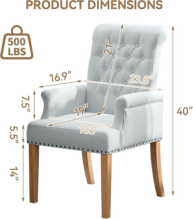 Fabric Dining Chair with Arms, Upholstered Tufted High Back Dining Room Chairs, Accent Armchair with Solid Wood Leg and Nailhead Trim, Kitchen Dining Living Room, Sky Blue