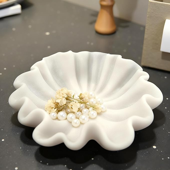10" Large Handmade Decorative Bowl decor , Handicraft Scalloped Bowls for Modern Home Decor,Ruffle Decor,Key Bowl for Entry Table,Decorative Fruit Bowl for Kitchen Counter,Artificial Stone Milky White