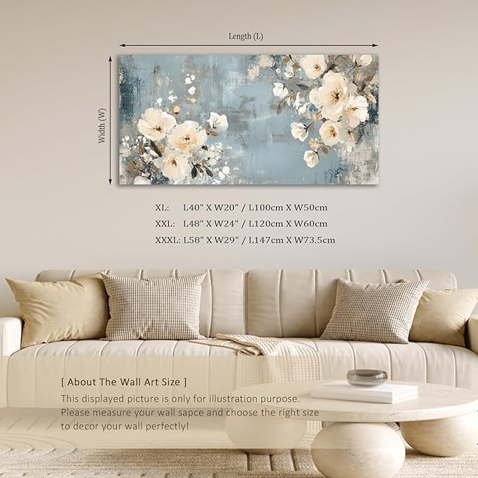 ADJUVANT Wall Art Vintage Floral 40" L x 20" W, Creamy Flowers On Distressed Blue Background Canvas Painting Blossoms Artwork Prints Floral Wall Decor for Living Room Bedroom Dining Room Home Office