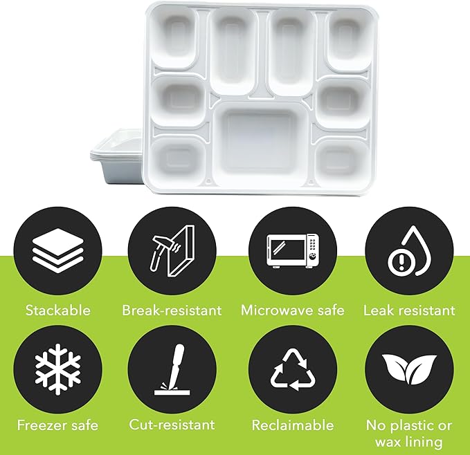 three leaf 9 COMPARTMENT BAGASSE RECTANGULAR PLATE, 25 Ct. Heavy-Duty- Super Strong- Natural- Eco-Friendly Disposable Bagasse Plates, 100% Biodegradable 9 compartment plates