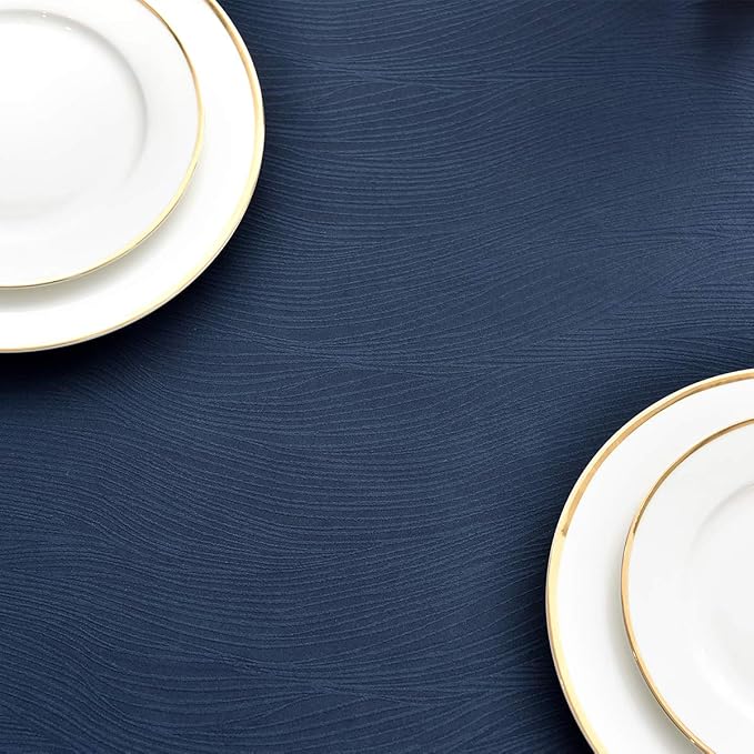 maxmill Jacquard Table Cloth Waving Pattern Water Proof Wrinkle Free Heavy Weight Soft Tablecloth Decorative Fabric Table Cover for Outdoor and Indoor Use Rectangular 60 x 104 Inch Navy Blue